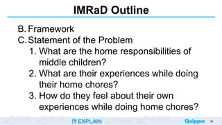 ENGAG EXPLOR
EXPLAIN EXTEND
EVALUAT
IMRaD Outline
B. Framework
C.Statement of the Problem
1. What are the home responsibilities of
middle children?
2. What are their experiences while doing
their home chores?
3. How do they feel about their own
experiences while doing home chores?
45
 