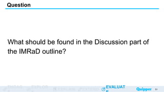 ENGAG EXPLOR
EXPLAIN EXTEND
EVALUAT
ENGAG EXPLOR
EXPLAIN EXTEND
EVALUAT
What should be found in the Discussion part of
the IMRaD outline?
Question
51
 