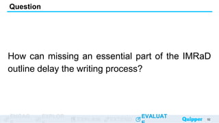 ENGAG EXPLOR
EXPLAIN EXTEND
EVALUAT
ENGAG EXPLOR
EXPLAIN EXTEND
EVALUAT
How can missing an essential part of the IMRaD
outline delay the writing process?
Question
52
 