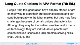 ENGAG EXPLOR
EXPLAIN EXTEND
EVALUAT
Long Quote Citations in APA Format (7th Ed.)
People from this generation have already started or are
on their way to start their professional careers and can
contribute greatly to the labor market, but they may face
challenges because of certain unique characteristics.
Although they may be innovative, creative, and experts
on technology, they are individualistic people with
communication issues and lack problem solving skills
(Half, 2015, p. 36).
14
 