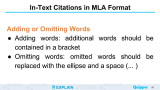 ENGAG EXPLOR
EXPLAIN EXTEND
EVALUAT
In-Text Citations in MLA Format
Adding or Omitting Words
● Adding words: additional words should be
contained in a bracket
● Omitting words: omitted words should be
replaced with the ellipse and a space (... )
25
 