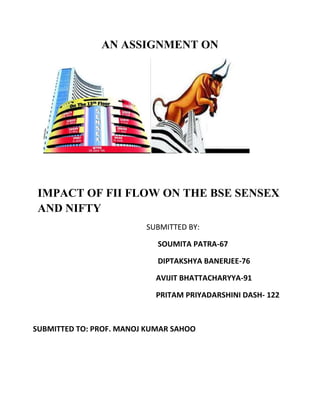 AN ASSIGNMENT ON<br /> <br />IMPACT OF FII FLOW ON THE BSE SENSEX AND NIFTY<br />                                                            SUBMITTED BY:<br />                                                                  SOUMITA PATRA-67<br />                                                                  DIPTAKSHYA BANERJEE-76<br />                                                                 AVIJIT BHATTACHARYYA-91<br />                                                                 PRITAM PRIYADARSHINI DASH- 122<br />SUBMITTED TO: PROF. MANOJ KUMAR SAHOO<br />SENSEX & FII<br />FII: Foreign Institutional Investor (FII) is used to denote an investor - mostly of the form of an institution or entity, which invests money in the financial markets of a country different from the one where in the institution or entity was originally incorporated.FII investment is frequently referred to as hot money for the reason that it can leave the country at the same speed at which it comes in. In countries like India, statutory agencies like SEBI have prescribed norms to register FIIs and also to regulate such investments flowing in through FIIs. FEMA norms includes maintenance of highly rated bonds (collateral) with security exchange.<br />SENSEX: Index of top 30 highly liquid companies listed in BSE. All companies selected in Sensex  depends on various technical factor like size, volume, company’s past performances and various other factors.But that 30 companies should represent almost all sectors of India.Sensex(Index of BSE) is calculated usingthe weighted average method using Listed Companies market capitalization.The Sensex moves up and down based on movement of 30 companies share prices listed in BSE sensitivity index.The reasons of the rise and fall of the Sensex may be due to macro-level or micro-level factors such as Government policies, Inflation rate, FDI & FII etc.In our research ,we have only considered the FII factor to find out that is there any impact of the FII on the movement of Sensex.So, we have taken the help of the Regression and Correlation tools to measure it.<br />HYPOTHESES TESTING:<br />Null (Ho):There is no association between Sensex/Nifty and FII  <br />                     [ Ho: β = 0]<br />Alternate (Ha):There is an association between Sensex /Nifty and FII <br />                              [Ha : β ≠ 0]<br />Year 1997-2008 – (Overall regression analysis and correlation  between SENSEX and FII):<br />                              Data of SENSEX and FII from 1997-2008<br />sensexFIIlog sensexfeb,0817578.7-89919.774443221mar15644.4-16439.657868304apr17287.3202389.757727407may16415.6-14329.705987381jun13461.6-7349.507596467jul14355.8-30119.571909321aug14564.5-4999.58634234sep12860.44649.461908102oct9788.06-14039.188918554nov9092.72-52509.115229372dec9647.31-5749.174434399jan'0714090.923859.553284478feb12938.1-24339.467931726apr13872.419639.537656534may14544.518479.584968194jun14650.532799.592229744jul1555146859.651880224aug15318.6-33239.636823055sep17291.170579.757947197oct1983868339.895354569nov19363.2-2659.871129636dec2028723969.917735566jan'069919.8916929.202297112feb10370.26859.246691587apr11851.932769.380243471may10398.6-39069.249426461jun10609.3-11579.269486254jul10743.9-5959.282093431aug11699.112129.367267195sep12454.410649.429829253oct12961.917039.469769564nov13696.321599.524881002dec13786.9-5079.531474145apr'056154.44-2998.724929052may6715.11-4708.81211549jun7193.8513138.880981773jul7635.4217468.940553226aug7805.4312048.962574924sep8634.4810359.063518769oct7892.32-4698.973645414nov8788.81-179.0812346dec9397.9321229.148244731jan'045695.6723908.647461516feb5667.5114218.642505147apr5655.09-3508.640311304may4759.62-5038.467923112jun4795.4612888.475424916jul5170.3216458.550689861aug5192.0811398.554889667sep5583.6110088.6275908oct5672.2742278.643344669apr'032959.798467.992873599may3180.75-4578.064872297jun3607.13-4778.190667721jul3792.61-4328.240809715aug4244.734488.353433492sep4453.244118.4013872oct4906.878078.498391543nov5044.8228088.526117253dec5838.967468.672307978Jan' 023311.031318.105014598Feb3562.312798.17816449Mar3469.352768.151722536Apr3338.16-738.113175036May3125.73878.047423135Jun3244.7-2728.084778175Jul2987.65438.002242404Aug3181.23-338.065023193Sep2991.36-1318.003483412Oct2949.32-97.989329914Nov3228.82-1848.079872024Dec3377.28538.124825931Jan' 014326.724448.372565028Feb4247.026688.35397284Mar3604.383548.189905052Apr3519.162298.165977604May3631.912658.19751396Jun3456.781388.148092799Jul3329.281258.110511343Aug3244.951168.084855221Sep2811.6-1797.941508995Oct2989.35358.002811251Nov3287.56708.097900927Dec3262288.090095783Jan' 20005205.291298.557430695Feb5446.984778.602816606Mar5001.283428.517449159Apr4657.553498.446244838May4433.611558.39696943Jun4748.77-1608.465640916Jul4279.86-1948.361675578Aug4477.31758.406777699Sep4090.382358.316393154Oct3711.02-2718.21906205Nov3997.99788.293547014Dec3972.121148.287055236Jan' 983224.36628.07848976Feb3622.22448.194842377Mar3892.752568.266871128Apr4006.814578.295750692May3686.393438.212402938Jun3250.69428.08662256Jul3211.312338.074434233Aug2933.85337.984070833Sep3102.29-1548.039895827Oct2812.49-1007.941825491Nov2810.66-237.94117461Dec3055.413568.024669069Apr'973841.11-318.253516666May3755.1-1158.230870195Jun4256.09-2698.356106177Jul4305.76-268.36770894Aug3876.08-488.262579613Sep3902.03-438.26925221Oct3803.24-1408.243608614Nov3560.29-508.177597281      <br />Regression Model 1:   Sensex = a+bFII  (for the year 1997 to 2008)<br />SUMMARY OUTPUTRegression StatisticsMultiple R0.21084303R Square0.044454783Adjusted R Square0.036072808Standard Error4665.921751Observations116ANOVA dfSSMSFSignificance FRegression1115464108.6115464108.65.3036160.023095022Residual114248187414021770825.79Total1152597338248    CoefficientsStandard Errort StatP-valueLower 95%Intercept6875.450658440.447973315.610131224.45E-306002.926644X Variable 10.3862532280.1677204692.3029581840.0230950.05400028<br />MEAN OF SENSEXSD OF SENSEXCV OF SENSEX7058.4581034731.89676267.03867464MEAN OF FIISD OF FIICV OF FII473.80172412582.987992545.1622189<br />Regression Analysis: The significance level is 0.023095022 which is less than the alpha value of 0.05.So we can conclude that at a confidence level of 95 percent the null hypothesis is to be rejected, and that FII has a significant impact on the SENSEX. <br /> Correlation: The R-square value is 0.044454783.So there is a negligible correlation between SENSEX and FII.<br />Year 2003-2008 – (Overall regression analysis and correlation  between SENSEX and FII):<br />Data of SENSEX and FII from 2003-2008<br />YEARsensexFIIlog sensexfeb,0817578.7-89919.774443221mar15644.4-16439.657868304apr17287.3202389.757727407may16415.6-14329.705987381jun13461.6-7349.507596467jul14355.8-30119.571909321aug14564.5-4999.58634234sep12860.44649.461908102oct9788.06-14039.188918554nov9092.72-52509.115229372dec9647.31-5749.174434399jan'0714090.923859.553284478feb12938.1-24339.467931726apr13872.419639.537656534may14544.518479.584968194jun14650.532799.592229744jul1555146859.651880224aug15318.6-33239.636823055sep17291.170579.757947197oct1983868339.895354569nov19363.2-2659.871129636dec2028723969.917735566jan'069919.8916929.202297112feb10370.26859.246691587apr11851.932769.380243471may10398.6-39069.249426461jun10609.3-11579.269486254jul10743.9-5959.282093431aug11699.112129.367267195sep12454.410649.429829253oct12961.917039.469769564nov13696.321599.524881002dec13786.9-5079.531474145apr'056154.44-2998.724929052may6715.11-4708.81211549jun7193.8513138.880981773jul7635.4217468.940553226aug7805.4312048.962574924sep8634.4810359.063518769oct7892.32-4698.973645414nov8788.81-179.0812346dec9397.9321229.148244731jan'045695.6723908.647461516feb5667.5114218.642505147apr5655.09-3508.640311304may4759.62-5038.467923112jun4795.4612888.475424916jul5170.3216458.550689861aug5192.0811398.554889667sep5583.6110088.6275908oct5672.2742278.643344669apr'032959.798467.992873599may3180.75-4578.064872297jun3607.13-4778.190667721jul3792.61-4328.240809715aug4244.734488.353433492sep4453.244118.4013872oct4906.878078.498391543nov5044.8228088.526117253dec5838.967468.672307978MEAN10396.14237853.3050847<br />Regression Model 2:   Sensex = a+bFII  (for the year 2003 to 2008)<br />SUMMARY OUTPUTRegression StatisticsMultiple R0.152496R Square0.023255Adjusted R Square0.006414Standard Error4735.534Observations60ANOVA dfSSMSFSignificance FRegression130966998.9430966998.941.3808966660.244750177Residual58130066643122425283.29Total591331633430    CoefficientsStandard Errort StatP-valueLower 95%Intercept10052.94628.22565516.002111576.12076E-238795.406755X Variable 10.2025260.1723457191.1751155970.244750177-0.142461294<br />CV OF SENSEX46.12110148CV OF FII422.8181573<br />Regression Analysis: The significance level is 0.244750177 which is greater than the alpha value of 0.05.So we can conclude that at a confidence level of 95 percent the null hypothesis  should  be  accepted, and that FII has no significant impact on the SENSEX. <br /> Correlation: The R-square value is 0.023255.So there is a negligible correlation between SENSEX and FII.<br />Year 2008 <br />Year wise Details impact on FII on SENSEX   2008<br />Regression Model 3:   Sensex = a+bFII  (for the year 2008)<br />SUMMARY OUTPUTRegression StatisticsMultiple R0.267875613R Square0.071757344Adjusted R Square-0.03138073Standard Error3113.046757Observations11ANOVA                   dfSSMSFSignificance FRegression16742463.8996742463.8990.6957405920.425802804Residual987219541.029691060.114Total1093962004.92    CoefficientsStandard Errort StatP-valueLower 95%Intercept13728.62199939.260399914.616417341.41244E-0711603.86736X Variable 10.1123287280.1346688560.8341106590.425802804-0.192313388<br />  MEAN OF sensex   SD of SensexCOFFICIENT OF VARIATION OF SENSEX13699.67182     2922.670089               21.33386936MEAN OF FII   SD of FIICOFFICIENT OF VARIATION OF FII          -257.7272727    6969.829137             -2704.342875<br />Regression Analysis: The significance level is 0.425802804 which is higher than the alpha value of 0.05. So we can conclude that at a confidence level of 95 percent the null hypothesis cannot be rejected, and that FII has no impact on the SENSEX . <br />Correlation: The R-square value is 0.071757344 .So there is a negligible correlation between SENSEX and FII.<br />YEAR  2007 <br />Regression Model 4:   Sensex = a+bFII  (for the year 2007)<br />SUMMARY OUTPUTRegression StatisticsMultiple R0.375969954R Square0.141353406Adjusted R Square0.045948229Standard Error2546.353022Observations11ANOVA dfSSMSFSignificance FRegression19606641.0419606641.0411.4816114880.25447517Residual958355223.46483913.712Total1067961864.45    CoefficientsStandard Errort StatP-valueLower 95%Intercept15504.54006937.143946916.544459484.80294E-0813384.57317X Variable 10.2946020050.2420296261.2172146430.25447517-0.252907046MEAN OF SENSEXSD OF SENSEXCV OF SENSEX16158.663642485.62895715.38263939MEAN OF FIISD OF FII         CV OF FII2220.3636363172.150182            142.8662463<br />Regression Analysis: The significance level is 0.25447517 which is higher than the alpha value of 0.05. So we can conclude that at a confidence level of 95 percent the null hypothesis cannot be rejected, and that FII has no impact on the SENSEX . <br /> Correlation: The R-square value is 0.14135340. So there is a negligible correlation between SENSEX and FII.<br />YEAR 2006<br />Regression Model 5:   Sensex = a+bFII  (for the year 2006)<br />SUMMARY OUTPUTRegression StatisticsMultiple R0.359580108R Square0.129297854Adjusted R Square0.032553171Standard Error1364.872053Observations11ANOVA              dfSSMSFSignificance FRegression12489706.1622489706.1621.3364853780.277420296Residual916765881.481862875.72Total1019255587.65    CoefficientsStandard Errort StatP-valueLower 95%Intercept11551.15861426.604233427.076990116.1914E-1010586.11279X Variable 10.2541139830.21980951.1560646080.277420296-0.24312965MEAN OF SENSEXSD OF SENSEXCV OF SENSEX11681.126361323.06763511.32654159MEAN OF FII    SD OF FII        CV OF FII       511.45454551872.186634        366.0514216<br />Regression Analysis: The significance level is 0.277420296 which is higher than the alpha value of 0.05. So we can conclude that at a confidence level of 95 percent the null hypothesis cannot be rejected, and that FII has no impact on the SENSEX . <br /> Correlation: The R-square value is 0.129297854. So there is a negligible correlation between SENSEX and FII.<br />YEAR 2005<br />Regression Model 6:   Sensex = a+bFII  (for the year 2005)<br /> <br />SUMMARY OUTPUTRegression StatisticsMultiple R0.49445385R Square0.24448461Adjusted R Square0.13655384Standard Error958.6809462Observations9ANOVA                 dfSSMSFSignificance FRegression12081874.0022081874.0022.2651984210.176025491Residual76433484.096919069.1566Total88515358.098    CoefficientsStandard Errort StatP-valueLower 95%Intercept7454.780317394.12563818.914730732.8707E-076522.821276X Variable 10.5068559850.3367684931.5050576140.176025491-0.289474961<br />MEAN OF SENSEXSD OF SENSEXCV OF SENSEX7801.976667972.702883612.46739032MEAN OF FIISD OF FIICV OF FII685948.9020556138.5258475<br />Regression Analysis: The significance level is 0.176025491 which is higher than the alpha value of 0.05. So we can conclude that at a confidence level of 95 percent the null hypothesis cannot be rejected, and that FII has no impact on the SENSEX . <br /> Correlation: The R-square value is 0.24448461. So there is a negligible correlation between SENSEX and FII.<br />YEAR 2004<br /> Regression Model 7:   Sensex = a+bFII  (for the year 2004)<br />SUMMARY OUTPUTRegression StatisticsMultiple R0.418527R Square0.175165Adjusted R Square0.057331Standard Error373.66Observations9ANOVA dfSSMSFSignificance FRegression1207553.5207553.48221.4865406830.262239304Residual7977352.6139621.7975Total81184906    CoefficientsStandard Errort StatP-valueLower 95%Intercept5199.112178.276729.163155261.43502E-084777.554089X Variable 10.1141150.0935961.2192377470.262239304-0.107203304MEAN OF SENSEXSD OF SENSEXCV OF SENSEX5354.625556362.84463546.776284012MEAN OF FIISD OF FIICV OF FII1362.7777781330.75849597.65043993<br />Regression Analysis: The significance level is 0.262239304 which is higher than the alpha value of 0.05. So we can conclude that at a confidence level of 95 percent the null hypothesis cannot be rejected, and that FII has no impact on the SENSEX . <br /> Correlation: The R-square value is 0.175164503. So there is a negligible correlation between SENSEX and FII.<br />YEAR 2003<br />Regression Model 8:   Sensex = a+bFII  (for the year 2003)<br />SUMMARY OUTPUTRegression StatisticsMultiple R0.52719538R Square0.277934969Adjusted R Square0.174782821Standard Error853.0358425Observations9ANOVA dfSSMSFSignificance FRegression11960647.3071960647.3072.6944176720.144704643Residual75093691.04727670.1485Total87054338.347    CoefficientsStandard Errort StatP-valueLower 95%Intercept3972.32749323.462939712.280626325.4438E-063207.459179X Variable 10.4846707640.2952666281.6414681450.144704643-0.213523865MEAN OF SENSEXSD OF SENSEXCV OF SENSEX      4225.433333    885.3334806 20.95248962MEAN OF FIISD OF FIICV OF FII     522.2222222   963.0119161184.4065371<br />Regression Analysis: The significance level is 0.144704643 which is higher than the alpha value of 0.05. So we can conclude that at a confidence level of 95 percent the null hypothesis cannot be rejected, and that FII has no impact on the SENSEX. <br />Correlation: The R-square value is 0.277934969. So there is not such significant correlation between SENSEX and FII.<br />REGRESSION & CORRELATION ANALYSIS FOR TWO YEAR PERIOD<br />YEAR 2007-08 <br />Regression Model 9:   Sensex = a+bFII  (for the year 2007-08)<br />SUMMARY OUTPUTRegression StatisticsMultiple R0.34656377R Square0.12010644Adjusted R Square0.07611177Standard Error2930.34103Observations22ANOVA              dfSSMSFSignificance FRegression123442423.0323442423.032.7300221330.114091671Residual20171737970.58586898.526Total21195180393.6    CoefficientsStandard Errort StatP-valueLower 95%Intercept14746.8069634.424909523.244369276.01522E-1613423.4197X Variable 10.185832550.1124705171.6522778620.114091671-0.048776841<br />MEAN OF SENSEXSD OF SENSEXCV OF SENSEX14929.167732978.56275319.95129807MEAN OF FIISD OF FIICV OF FII981.31818186979.000955711.1863496<br />Regression Analysis: The significance level is 0.114091671 which is higher than the alpha value of 0.05. So we can conclude that at a confidence level of 95 percent the null hypothesis cannot be rejected, and that FII has no impact on the SENSEX. <br />Correlation: The R-square value is 0.120106444. So there is not such significant correlation between SENSEX and FII.<br />YEAR 2005-06<br />Regression Model 10:   Sensex = a+bFII  (for the year 2005 –06)<br />SUMMARY OUTPUTRegression StatisticsMultiple R0.15281721R Square0.0233531Adjusted R Square-0.0309051Standard Error2355.48457Observations20ANOVA                  dfSSMSFSignificance FRegression12388031.1612388031.1610.4304071340.520088132Residual1899869536.325548307.573Total19102257567.5    CoefficientsStandard Errort StatP-valueLower 95%Intercept9802.34795564.458383217.365935641.08609E-128616.464896X Variable 10.225868960.3442839930.6560542160.520088132-0.497444862<br />MEAN OF SENSEXSD OF SENSEXCV OF SENSEX9935.5092261.1674822.7584463MEAN OF FIISD OF FIICV OF FII589.551529.848537259.4942816<br />Regression Analysis: The significance level is 0.520088132 which is higher than the alpha value of 0.05. So we can conclude that at a confidence level of 95 percent the null hypothesis cannot be rejected, and that FII has no impact on the SENSEX. <br />Correlation: The R-square value is 0.0233531. So there is not such significant correlation between SENSEX and FII.<br />YEAR 2003-04<br />Regression Model 11:   Sensex = a+bFII  (for the year 2003-04)<br />SUMMARY OUTPUTRegression StatisticsMultiple R0.5173024R Square0.26760178Adjusted R Square0.22182689Standard Error799.874608Observations18ANOVA                  dfSSMSFSignificance FRegression13740292.0273740292.0275.8460387620.027908504Residual1610236790.22639799.3888Total1713977082.25    CoefficientsStandard Errort StatP-valueLower 95%Intercept4442.21253237.145914218.731980042.62052E-123939.485654X Variable 10.369036510.1526295042.4178583010.0279085040.045476421MEAN OF SENSEXSD OF SENSEXCV OF SENSEX       4790.029444881.194966718.39644154MEAN OF FIISD OF FIICV OF FII942.51235.228105131.0586849<br />Regression Analysis: The significance level is 0.027908404 which is less than the alpha value of 0.05.So we can conclude that at a confidence level of 95 percent the null hypothesis is to be rejected, and that FII has a significant impact on the SENSEX. <br />Correlation: The R-square value is 0.0233531. So there is not strong correlation between SENSEX and FII.<br />REGRESSION & CORRELATION ANALYSIS BETWEEN THE CV OF SENSEX AND CV OF FII (2003-2008)<br />The Co-efficient of Variation (CV) measures the volatility. The CV of FII measures the volatility of the FII whereas the CV of the SENSEX measures the volatility of the SENSEX. <br />Regression and CV of SENSEX and FII<br />YEARCV OF   SENSEXCV OF FII200821.33-2704.34200715.38142.86200611.32366.05200512.46138.5220046.7797.65200320.95184.4SUMMARY OUTPUTRegression StatisticsMultiple R0.562564171R Square0.316478446Adjusted R Square0.145598058Standard Error5.274543682Observations6ANOVA dfSSMSFRegression151.5254391251.525439121.852046622Residual4111.283244227.82081105Total5162.8086833   CoefficientsStandard Errort StatP-valueIntercept13.899430532.2325545946.2257964810.003389507X Variable 1-0.0027119980.001992799-1.3608991960.245173461<br />Regression Analysis: The significance level is 0.245173461 which is higher than the alpha value of 0.05. So we can conclude that at a confidence level of 95 percent the null hypothesis cannot be rejected, and that FII has no impact on the SENSEX. <br />Correlation: The R-square value is 0.316478446. So there is not strong correlation between SENSEX and FII.<br />NIFTY AND FII<br />NIFTY: S&P CNX Nifty is a well diversified 50 stock index accounting for 21 sectors of the economy. It is used for a variety of purposes such as benchmarking fund portfolios, index based derivatives and index funds.S&P CNX Nifty is owned and managed by India Index Services and Products Ltd. (IISL), which is a joint venture between NSE and CRISIL. IISL is India's first specialised company focused upon the index as a core product. IISL has a Marketing and licensing agreement with Standard & Poor's (S&P), who are world leaders in index services.<br />  The traded value for the last six months of all Nifty stocks is approximately 44.89% of the traded value of all stocks on the NSE <br />  Nifty stocks represent about 58.64% of the total market capitalization as on March 31, 2008. <br />  Impact cost of the S&P CNX Nifty for a portfolio size of Rs.2 crore is 0.15% <br />  S&P CNX Nifty is professionally maintained and is ideal for derivatives trading<br />              The NIFTY moves up and down based on movement of 50 companies share prices listed in NSE sensitivity index.The reasons of the rise and fall of the Sensex may be due to macro-level or micro-level factors such as Government policies, Inflation rate, FDI & FII etc.In our research ,we have only considered the FII factor to find out that is there any impact of the FII on the movement of NIFTY.So, we have taken the help of the Regression and Correlation tools to measure it.<br />REGRESSION & CORRELATION ANALYSIS BETWEEN NIFTYAND FII <br />OVERALL (2002-2008):<br />              Data of NIFTY and FII from 2002-08<br />yearFIINIFTYLOG OF NIFTYfeb,08-89915223.58.560922954mar-16434734.58.462631403apr202385165.98.549834616may-14324870.18.49086975jun-7344040.558.3041361jul-30114332.958.374003882aug-49943608.380227336sep4643929.128.276170761oct-14032885.67.96748813nov-52502755.17.921209019dec-5742959.557.992792509jan'0723853745.38.228257feb-24333821.558.248411378apr19634087.98.31578667may18474295.88.36539308jun32794318.38.370617085jul46854528.858.418223323aug-33234464.48.403890106sep70575021.358.521454101oct68335900.658.682817793nov-2655762.758.65917007dec23966138.68.722351982jan'0616923001.18.006734167feb6853074.78.030962615apr32763508.18.162829859may-39063185.38.066301755jun-11573128.28.048213038jul-5953143.28.052996668aug12123413.98.135610612sep10643588.48.1854617oct17033744.18.227936547nov21593954.58.28260945dec-5073966.48.285614161apr'05-2991902.57.55092409may-4702087.557.643746409jun13132220.67.705532709jul17462312.37.745997979aug12042384.657.776807642sep10352601.47.863805041oct-4692370.957.771045998nov-172652.257.883163615dec21222836.557.950343804jan'0423901800.37.495708597feb14211779.97.484312462apr-3501796.17.493372927may-5031483.67.302226846jun12881505.67.316946769jul16451632.37.397745342aug11391631.757.397408338sep10081745.57.464796327oct42271800.17.495597498apr'03846934.056.83952997may-4571006.86.914532263jun-4771134.157.033638751jul-4321185.857.078215096aug4481356.557.212699991sep4111417.17.256367809oct8071555.97.349809435nov28081615.257.387245022dec7461897.757.548424253Aug,02-331010.66.918299493Sep-131963.156.870209163Oct-9951.46.857934584Nov-1841049.76.956259688Dec531093.56.99713884<br />Regression Model 12:   NIFTY = a+bFII (for the year 2002 to 2008)<br />SUMMARY OUTPUTRegression StatisticsMultiple R0.166070585R Square0.027579439Adjusted R Square0.012144192Standard Error1415.34751Observations65ANOVA dfSSMSFSignificance FRegression13579299.3143579299.3141.7867830.18612593Residual63126202140.22003208.575Total64129781439.5    CoefficientsStandard Errort StatP-valueLower 95%Intercept2851.214089179.953765715.844147951.18E-232491.605187X Variable 10.0686827650.0513820991.336706080.186126-0.033996167<br />MEAN OF NIFFTYSD OF NIFFTYCV OF NIFFTY132.34375427.7595418323.218544MEAN OF FIISD OF FIICV OF FII3757.466406684.698385418.22234217<br />Regression Analysis: The significance level is 0.18612573 which is higher than the alpha value of 0.05. So we can conclude that at a confidence level of 95 percent the null hypothesis cannot be rejected, and that FII has no impact on the NIFTY. <br />Correlation: The R-square value is 0.027579439. So there is not strong correlation between NIFTY and FII.<br />REGRESSION & CORRELATION ANALYSIS BETWEEN NIFTYAND FII <br />YEAR 2008 <br />Regression Model 13:   NIFTY = a+bFII (for the year 2008)<br />SUMMARY OUTPUTRegression StatisticsMultiple R0.271835529R Square0.073894555Adjusted R Square-0.02900605Standard Error914.679559Observations11ANOVA                  dfSSMSFSignificance FRegression1600803.5600803.50160.7181158420.418726971Residual97529748836638.6957Total108130552    CoefficientsStandard Errort StatP-valueLower 95%Intercept4122.902787275.974714.939420531.16845E-073498.60454X Variable 10.0335310960.0395690.8474171590.418726971-0.05597926<br />MEAN OF NIFTYSD OF NIFTYCV OF NIFTY4114.260909859.7331385     20.89641755MEAN OF IIFSD OF IIFCV OF FII-257.72727276969.829137-2704.342875<br />Regression Analysis: The significance level is 0.418726971 which is higher than the alpha value of 0.05. So we can conclude that at a confidence level of 95 percent the null hypothesis cannot be rejected, and that FII has no impact on the NIFTY. <br />Correlation: The R-square value is 0.073894555. So there is not strong correlation between NIFTY and FII.<br />YEAR 2007<br />Regression Model 14:   NIFTY = a+bFII (for the year 2007)<br />SUMMARY OUTPUTRegression StatisticsMultiple R0.375969954R Square0.141353406Adjusted R Square0.045948229Standard Error3249.646001Observations11ANOVA dfSSMSFSignificance FRegression115646112.3515646112.351.4816114880.25447517Residual995041792.210560199.13Total10110687904.5    CoefficientsStandard Errort StatP-valueLower 95%Intercept-5532.74776444.470823-0.8585263010.412882115-20111.1535X Variable 10.4798114190.3941880111.2172146430.25447517-0.41190381<br />                                                           <br />                                                                   Nifty             FII       <br />MEAN16158.663642220.363636SD2485.6289573172.150182CV15.38263939142.8662463<br />Regression Analysis: The significance level is 0.25447517 which is higher than the alpha value of 0.05. So we can conclude that at a confidence level of 95 percent the null hypothesis cannot be rejected, and that FII has no impact on the NIFTY. <br />Correlation: The R-square value is 0.141353406. So there is not strong correlation between NIFTY and FII.<br />YEAR 2006<br />Regression Model 15:   NIFTY = a+bFII (for the year 2006)<br />SUMMARY OUTPUTRegression StatisticsMultiple R0.388493066R Square0.150926863Adjusted R Square0.04479272Standard Error729.5645734Observations10ANOVA dfSSMSFSignificance FRegression1756900.6958756900.69581.4220387480.267235855Residual84258115.734532264.4668Total95015016.43    CoefficientsStandard Errort StatP-valueLower 95%Intercept4412.500671276.707373915.946451332.39587E-073774.412323X Variable 10.0827057970.0693553931.1924926610.267235855-0.077228025<br />MEAN4594.6852202.8SD708.16780713326.469173CV15.41276077151.0109485<br />Regression Analysis: The significance level is 0.267236 which is higher than the alpha value of 0.05. So we can conclude that at a confidence level of 95 percent the null hypothesis cannot be rejected, and that FII has no impact on the NIFTY. <br />Correlation: The R-square value is 0.150926863. So there is not strong correlation between NIFTY and FII.<br />YEAR 2005<br />Regression Model 16:   NIFTY = a+bFII (for the year 2005)<br />SUMMARY OUTPUTRegression StatisticsMultiple R0.509265428R Square0.259351276Adjusted R Square0.153544315Standard Error267.2273219Observations9ANOVA                          dfSSMSFSignificance FRegression1175039.4211175039.42112.4511740480.161417704Residual7499873.091171410.44158Total8674912.5122    CoefficientsStandard Errort StatP-valueLower 95%Intercept2273.631894109.860469420.695632441.54425E-072013.853164X Variable 10.1469688490.0938724641.5656225750.161417704-0.075004256                                        MEAN2374.305556            685.00SD273.8435304948.9020556CV11.53362632138.5258475<br />Regression Analysis: The significance level is 0.161418 which is higher than the alpha value of 0.05. So we can conclude that at a confidence level of 95 percent the null hypothesis cannot be rejected, and that FII has no impact on the NIFTY. <br />Correlation: The R-square value is 0.259351276. So there is not strong correlation between NIFTY and FII.<br />YEAR 2004<br />Regression Model 17:   NIFTY = a+bFII (for the year 2004)<br />SUMMARY OUTPUTRegression StatisticsMultiple R0.436526419R Square0.190555314Adjusted R Square0.074920359Standard Error122.5597781Observations9ANOVA                          dfSSMSFSignificance FRegression124753.0010824753.001081.6479040790.240101442Residual7105146.294515020.89921Total8129899.2956    CoefficientsStandard Errort StatP-valueLower 95%Intercept1632.42231458.4744274127.916858471.94369E-081494.152265X Variable 10.039408820.0306992291.2837071630.240101442-0.033183321<br />MEAN1686.1277781362.777778SD120.13848291330.758495CV7.1251114297.65043993<br />Regression Analysis: The significance level is 0.240101 which is higher than the alpha value of 0.05. So we can conclude that at a confidence level of 95 percent the null hypothesis cannot be rejected, and that FII has no impact on the NIFTY. <br />Correlation: The R-square value is 0.190555314. So there is not strong correlation between NIFTY and FII.<br />YEAR 2003<br />Regression Model 18:   NIFTY = a+bFII (for the year 2003)<br />SUMMARY OUTPUTRegression StatisticsMultiple R0.529895014R Square0.280788725Adjusted R Square0.178044258Standard Error283.3495135Observations9ANOVA                        dfSSMSFSignificance FRegression1219414.9228219414.92282.732884130.142280094Residual7562008.627780286.94682Total8781423.5506    CoefficientsStandard Errort StatP-valueLower 95%Intercept1260.151061107.443394611.728511257.41271E-061006.087805X Variable 10.1621362650.0980775381.6531437110.142280094-0.06978026<br />2003                                                      NIFTY                FIIMEAN1344.822222522.2222222SD294.6605487963.0119161CV21.91074358184.4065371<br />Regression Analysis: The significance level is 0.142280094 which is higher than the alpha value of 0.05. So we can conclude that at a confidence level of 95 percent the null hypothesis cannot be rejected, and that FII has no impact on the NIFTY. <br />Correlation: The R-square value is 0.280788725. So there is not strong correlation between NIFTY and FII.<br />YEAR 2002<br />Regression Model 19:   NIFTY = a+bFII (for the year 2002)<br />SUMARRY OUTPUT<br />Regression StatisticsMultiple R0.215054448R Square0.046248416Adjusted R Square-0.271668779Standard Error66.97676673Observations5ANOVA                     dfSSMSFSignificance FRegression1652.5761533652.57615330.14547310.728309653Residual313457.661854485.887282Total414110.238   CoefficientsStandard Errort StatP-valueLower 95%Intercept1021.79824236.7605633927.796044120.0001022904.8097226X Variable 10.1336881860.3505109660.3814094260.7283097-0.98179414<br />2002NIFTYFIIMEAN1013.67-60.8SD53.1229479685.45501741CV5.240655042-140.5510155<br />Regression Analysis: The significance level is 0.728309653 which is higher than the alpha value of 0.05. So we can conclude that at a confidence level of 95 percent the null hypothesis cannot be rejected, and that FII has no impact on the NIFTY. <br />Correlation: The R-square value is 0.046248416. So there is negligible correlation between NIFTY and FII.<br />REGRESSION & CORRELATION ANALYSIS BETWEEN THE CV OF NIFTY AND CV OF FII (2002-2008)<br />REGRESSION OF CV OF NIFTY AND FIIYEARCV OF NIFTYCV OF FII200820.89-2704.34200715.38142.86200615.41151.01200511.53138.5320047.1397.65200321.91184.420025.24-140.55SUMMARY OUTPUTRegression StatisticsMultiple R0.410351992R Square0.168388757Adjusted R Square0.002066509Standard Error6.369548093Observations7ANOVA dfSSMSFSignificance FRegression141.0752283241.0752281.0124247280.360504852Residual5202.855714540.571143Total6243.9309429    CoefficientsStandard Errort StatP-valueLower 95%Intercept13.17862492.5197779275.2300740.0033815266.701329534X Variable 1-0.002459410.002444272-1.0061930.360504852-0.008742612<br />Regression Analysis: The significance level is 0.360504852 which is higher than the alpha value of 0.05. So we can conclude that at a confidence level of 95 percent the null hypothesis cannot be rejected, and that FII has no impact on the NIFTY. <br />Correlation: The R-square value is 0.168388757. So there is not so correlation between NIFTY and FII.<br />CONCLUSION:<br />As per our research we have found out that in the case of the overall regression analysis for both the starting year1997 till the year 2008, and the year 2003 to 2004, there is a significant relation between the FII and the SENSEX. Except for these two cases, all other years for e.g.2003-2008, 2003, 2004, 2005, 2006 etc it was found that the there is no significant relationship between the FII and the SENSEX.As the nature of our data is on the monthly basis, so we are not able to track the significant relation between SENSEX and FII due to lack of availability of daily data. <br />As we know the FII is not only the sole factor that influences the SENSEX movement, the SENSEX is also influenced by Govt. policy, inflation rate, political environment etc. So, from our research it came out that in almost all the cases there is no significant relation between the FII flow and the SENSEX movement.<br />BIBLIOGRAPHY<br />www.rbi.org.in<br />www.bseindia.com<br />www.nseindia.com<br />www.econstats.com<br />www.google.co.in<br />www.wikipedia.org<br />