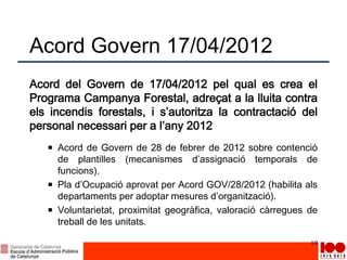 Acord Govern 17/04/2012
Acord del Govern de 17/04/2012 pel qual es crea el
Programa Campanya Forestal, adreçat a la lluita contra
els incendis forestals, i s’autoritza la contractació del
personal necessari per a l’any 2012
Acord de Govern de 28 de febrer de 2012 sobre contenció
de plantilles (mecanismes d’assignació temporals de
funcions).
Pla d’Ocupació aprovat per Acord GOV/28/2012 (habilita als
departaments per adoptar mesures d’organització).
Voluntarietat, proximitat geogràfica, valoració càrregues de
treball de les unitats.
19
 
