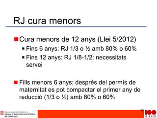 RJ cura menors
Cura menors de 12 anys (Llei 5/2012)
Fins 6 anys: RJ 1/3 o ½ amb 80% o 60%
Fins 12 anys: RJ 1/8-1/2: necessitats
servei
Fills menors 6 anys: després del permís de
maternitat es pot compactar el primer any de
reducció (1/3 o ½) amb 80% o 60%
38
 