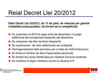 Reial Decret Llei 20/2012
Reial Decret Llei 20/2012, de 13 de juliol, de mesures per garantir
l’estabilitat pressupostària i de foment de la competitivitat
Es suprimeix el 2012 la paga extra de desembre i la paga
addicional del complement específic del desembre
Es redueixen els dies de lliure disposició
Es suprimeixen els dies addicionals per antiguitat
Homogeneïtzació dels permisos per a totes les Administracions
Es limita el nombre de dies d’assumptes personals
Es limiten les hores retribuïdes per realitzar funcions sindicals
Es modifica el règim retributiu durant la situació d’IT
40
 