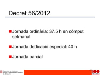Decret 56/2012
Jornada ordinària: 37.5 h en còmput
setmanal
Jornada dedicació especial: 40 h
Jornada parcial
55
 