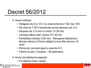 Decret 56/2012
Horari ordinari
 Obligació de 9 a 14 h i la resta entre les 7’30 i les 19 h
 No més de 7’30 h continuats sense descans de ½ h
 Després de ½ h com a mínim 1h 30 min
 Jornada diària total: màxim 9 h 30 min
 Flexibilitat entrada: 0’30 min. Recuperar diàriament.
Només afecta a l’horari obligat si tens fills menors 12
anys
 Esmorzar: jornada igual o superior 6 h
 Petició anual (1 octubre – 30 setembre)
Horari de dedicació especial
 8 h diàries (matí i tarda)
56
 