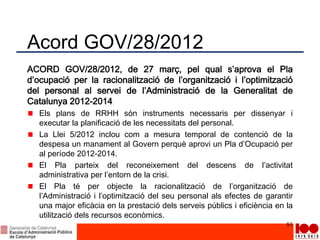 Acord GOV/28/2012
ACORD GOV/28/2012, de 27 març, pel qual s’aprova el Pla
d’ocupació per la racionalització de l’organització i l’optimització
del personal al servei de l’Administració de la Generalitat de
Catalunya 2012-2014
Els plans de RRHH són instruments necessaris per dissenyar i
executar la planificació de les necessitats del personal.
La Llei 5/2012 inclou com a mesura temporal de contenció de la
despesa un manament al Govern perquè aprovi un Pla d’Ocupació per
al període 2012-2014.
El Pla parteix del reconeixement del descens de l’activitat
administrativa per l’entorn de la crisi.
El Pla té per objecte la racionalització de l’organització de
l’Administració i l’optimització del seu personal als efectes de garantir
una major eficàcia en la prestació dels serveis públics i eficiència en la
utilització dels recursos econòmics.
81
 