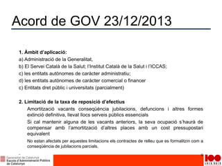 Acord de GOV 23/12/2013
1. Àmbit d’aplicació:
a) Administració de la Generalitat,
b) El Servei Català de la Salut; l’Institut Català de la Salut i l’ICCAS;
c) les entitats autònomes de caràcter administratiu;
d) les entitats autònomes de caràcter comercial o financer
c) Entitats dret públic i universitats (parcialment)
2. Limitació de la taxa de reposició d’efectius
Amortització vacants conseqüència jubilacions, defuncions i altres formes
extinció definitiva, llevat llocs serveis públics essencials
Si cal mantenir alguna de les vacants anteriors, la seva ocupació s’haurà de
compensar amb l’amortització d’altres places amb un cost pressupostari
equivalent
No estan afectats per aquestes limitacions els contractes de relleu que es formalitzin com a
conseqüència de jubilacions parcials.
. 9
 