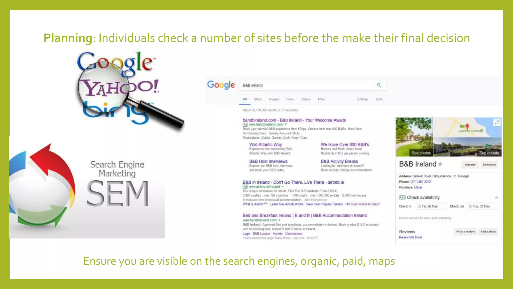 Planning: Individuals check a number of sites before the make their final decision
Ensure you are visible on the search engines, organic, paid, maps