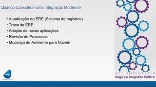 Quando Considerar uma Integração Moderna?
• Atualização do ERP (Sistema de registros)
• Troca de ERP
• Adoção de novas aplicações
• Revisão de Processos
• Mudança de Ambiente para Nuvem
 