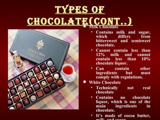 Types of
ChoColaTe(ConT..) Milk Chocolate
• Contains milk and sugar,
which differs from
bittersweet and semisweet
chocolate.
• Cannot contain less than
12% milk and cannot
contain less than 10%
chocolate liquor.
• Can contain other
ingredients but must
comply with regulations.
 White Chocolate
• Technically not real
chocolate
• Contains no chocolate
liquor, which is one of the
main ingredients in
chocolate.
• It’s made of cocoa butter,
 