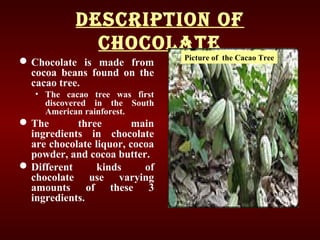 DESCRIPTION Of
ChOCOLATE
Chocolate is made from
cocoa beans found on the
cacao tree.
• The cacao tree was first
discovered in the South
American rainforest.
The three main
ingredients in chocolate
are chocolate liquor, cocoa
powder, and cocoa butter.
Different kinds of
chocolate use varying
amounts of these 3
ingredients.
Picture of the Cacao Tree
 