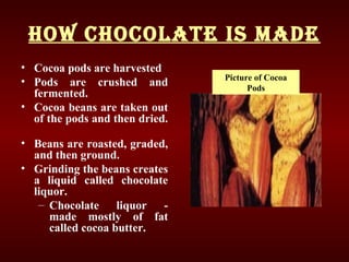 How CHoColate is Made
• Cocoa pods are harvested
• Pods are crushed and
fermented.
• Cocoa beans are taken out
of the pods and then dried.
• Beans are roasted, graded,
and then ground.
• Grinding the beans creates
a liquid called chocolate
liquor.
– Chocolate liquor -
made mostly of fat
called cocoa butter.
Picture of Cocoa
Pods
 