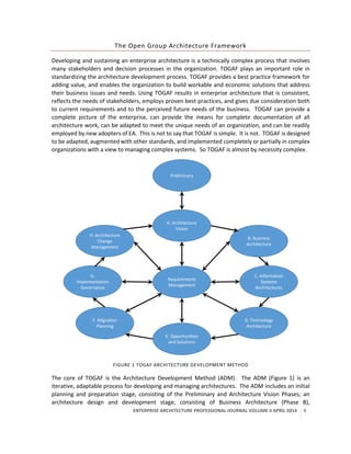 ENTERPRISE ARCHITECTURE PROFESSIONAL JOURNAL VOLUME II APRIL 2014 5
The Open Group Architecture Framework
Developing and sustaining an enterprise architecture is a technically complex process that involves
many stakeholders and decision processes in the organization. TOGAF plays an important role in
standardizing the architecture development process. TOGAF provides a best practice framework for
adding value, and enables the organization to build workable and economic solutions that address
their business issues and needs. Using TOGAF results in enterprise architecture that is consistent,
reflects the needs of stakeholders, employs proven best practices, and gives due consideration both
to current requirements and to the perceived future needs of the business. TOGAF can provide a
complete picture of the enterprise, can provide the means for complete documentation of all
architecture work, can be adapted to meet the unique needs of an organization, and can be readily
employed by new adopters of EA. This is not to say that TOGAF is simple. It is not. TOGAF is designed
to be adapted, augmented with other standards, and implemented completely or partially in complex
organizations with a view to managing complex systems. So TOGAF is almost by necessity complex.
FIGURE 1 TOGAF ARCHITECTURE DEVELOPMENT METHOD
The core of TOGAF is the Architecture Development Method (ADM). The ADM (Figure 1) is an
iterative, adaptable process for developing and managing architectures. The ADM includes an initial
planning and preparation stage, consisting of the Preliminary and Architecture Vision Phases; an
architecture design and development stage, consisting of Business Architecture (Phase B),
Requirements
Management
Preliminary
A. Architecture
Vision
B. Business
Architecture
C. Information
Systems
Architectures
D. Technology
Architecture
E. Opportunities
and Solutions
F. Migration
Planning
G.
Implementation
Governance
H. Architecture
Change
Management
 