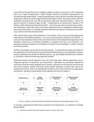 8 ENTERPRISE ARCHITECTURE PROFESSIONAL JOURNAL VOLUME II APRIL 2014
causes fall into the operations area: strategies, programs, projects, or processes, or their supporting
plans, are in need of improvement – either through continuous incremental improvement or by
innovative breakthrough change. Using the example above, assume that the Harrietta Food Services
Cooperative’s efforts to reduce hunger by 50% by 2015 began in 2010. Also assume that in 2013 the
cooperative discovered that only 20% of previously empty pots contained chickens. Clearly, the
desired outcome of reducing hunger by 50% – represented by the performance indicator of “A
Chicken in 50% of Previously Empty Pots by 2015” – will not be met unless corrective action is taken.
The cooperative reviews and revises its processes (operations) that are employed to identify empty
pots and provide chickens. For example, processes may have to be sped up or enhanced in some other
way in order to meet the desired outcome.
There may be other causes of the deficiencies: For example, a driver may be causing inappropriate
organizational and individual behaviors. Or a driver may have become obsolete and irrelevant. In
such cases, the cooperative would review and revise the drivers that motivate the cooperative and its
workforce. Drivers such as workforce capabilities or capacities may have to be enhanced – for
example, by hiring more people or providing more training to current employees – in order to achieve
the desired outcome.
Similarly, the problem may be with the desired outcomes. A comprehensive review and revision of
the cooperative’s desired outcomes may reveal that the desired outcome is not achievable or realistic,
and the cooperative may modify the desired outcome – e.g., by changing the performance indicator
to “A Chicken in 50% of all Previously Empty Pots by 2020.”
Review and revision may be required in any or all of the three areas. Mature organizations use an
integrated approach to assessment and improvement: Operations are periodically reviewed to
ensure they are performing as designed and as required. Outcomes are continuously monitored, and
data about outcomes provide information about possible operations or drivers that need to be
reviewed and revised. Drivers are periodically reviewed to ensure they continue to be appropriate
and relevant. A graphical representation of this approach can be seen in Figure 4.
Identify Drivers
Define
Operations
Define Desired
Outcomes
Review and
Revise Drivers
Review and
Revise
Operations
Identify
Opportunities for
Improvement
Measure Actual
Outcomes
Review and
Revise Desired
Outcomes
FIGURE 4: GENERIC ORGANIZATIONAL PERFORMANCE ASSESSMENT AND IMPROVEMENT CYCLE
In summary, organizational performance assessment and improvement is a collection of building
blocks (Table2).
 