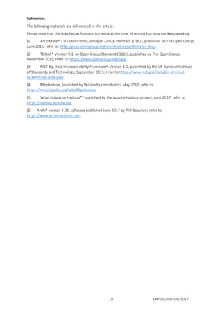 EAP Journal July 201718
References
The following materials are referenced in this article:
Please note that the links below function correctly at the time of writing but may not keep working.
[1] ArchiMate® 3.0 Specification, an Open Group Standard (C162), published by The Open Group,
June 2016; refer to: http://pubs.opengroup.org/architecture/archimate3-doc/.
[2] TOGAF® Version 9.1, an Open Group Standard (G116), published by The Open Group,
December 2011; refer to: https://www.opengroup.org/togaf.
[3] NIST Big Data Interoperability Framework Version 1.0, published by the US National Institute
of Standards and Technology, September 2015; refer to https://www.nist.gov/el/cyber-physical-
systems/big-data-pwg.
[4] MapReduce, published by Wikipedia contributors May 2017; refer to
https://en.wikipedia.org/wiki/MapReduce.
[5] What is Apache Hadoop®? published by the Apache Hadoop project, June 2017; refer to
https://hadoop.apache.org.
[6] Archi® version 4.02, software published June 2017 by Phil Beauvoir; refer to
https://www.archimatetool.com.
 