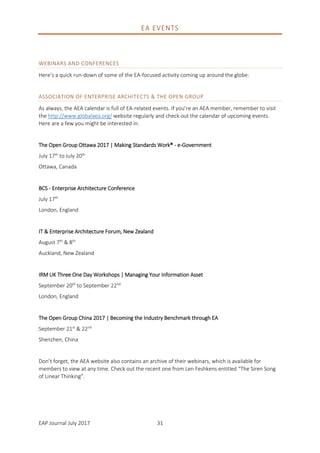 EAP Journal July 2017 31
EA EVENTS
WEBINARS AND CONFERENCES
Here’s a quick run-down of some of the EA-focused activity coming up around the globe:
ASSOCIATION OF ENTERPRISE ARCHITECTS & THE OPEN GROUP
As always, the AEA calendar is full of EA-related events. If you’re an AEA member, remember to visit
the http://www.globalaea.org/ website regularly and check out the calendar of upcoming events.
Here are a few you might be interested in:
The Open Group Ottawa 2017 | Making Standards Work® - e-Government
July 17th
to July 20th
Ottawa, Canada
BCS - Enterprise Architecture Conference
July 17th
London, England
IT & Enterprise Architecture Forum, New Zealand
August 7th
& 8th
Auckland, New Zealand
IRM UK Three One Day Workshops | Managing Your Information Asset
September 20th
to September 22nd
London, England
The Open Group China 2017 | Becoming the Industry Benchmark through EA
September 21st
& 22nd
Shenzhen, China
Don’t forget, the AEA website also contains an archive of their webinars, which is available for
members to view at any time. Check out the recent one from Len Feshkens entitled “The Siren Song
of Linear Thinking”.
 