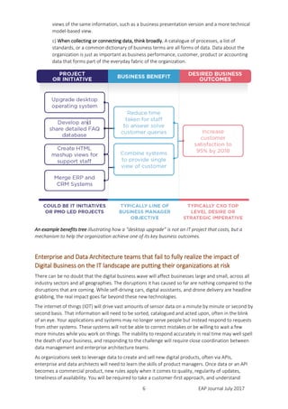 EAP Journal July 20176
views of the same information, such as a business presentation version and a more technical
model-based view.
c) When collecting or connecting data, think broadly. A catalogue of processes, a list of
standards, or a common dictionary of business terms are all forms of data. Data about the
organization is just as important as business performance, customer, product or accounting
data that forms part of the everyday fabric of the organization.
An example benefits tree illustrating how a “desktop upgrade” is not an IT project that costs, but a
mechanism to help the organization achieve one of its key business outcomes.
Enterprise and Data Architecture teams that fail to fully realize the impact of
Digital Business on the IT landscape are putting their organizations at risk
There can be no doubt that the digital business wave will affect businesses large and small, across all
industry sectors and all geographies. The disruptions it has caused so far are nothing compared to the
disruptions that are coming. While self-driving cars, digital assistants, and drone delivery are headline
grabbing, the real impact goes far beyond these new technologies.
The internet of things (IOT) will drive vast amounts of sensor data on a minute by minute or second by
second basis. That information will need to be sorted, catalogued and acted upon, often in the blink
of an eye. Your applications and systems may no longer serve people but instead respond to requests
from other systems. These systems will not be able to correct mistakes or be willing to wait a few
more minutes while you work on things. The inability to respond accurately in real time may well spell
the death of your business, and responding to the challenge will require close coordination between
data management and enterprise architecture teams.
As organizations seek to leverage data to create and sell new digital products, often via APIs,
enterprise and data architects will need to learn the skills of product managers. Once data or an API
becomes a commercial product, new rules apply when it comes to quality, regularity of updates,
timeliness of availability. You will be required to take a customer-first approach, and understand
 