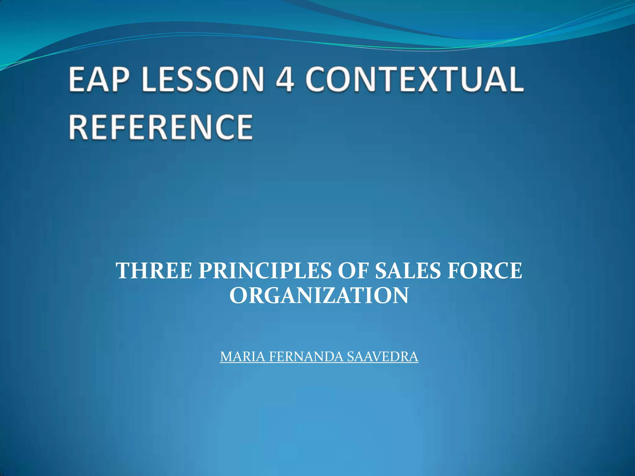 THREE PRINCIPLES OF SALES FORCE
        ORGANIZATION

       MARIA FERNANDA SAAVEDRA
 