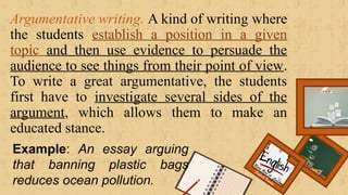 Argumentative writing. A kind of writing where
the students establish a position in a given
topic and then use evidence to persuade the
audience to see things from their point of view.
To write a great argumentative, the students
first have to investigate several sides of the
argument, which allows them to make an
educated stance.
Renee Rose A. Cunnani
English Teacher
Example: An essay arguing
that banning plastic bags
reduces ocean pollution.
 