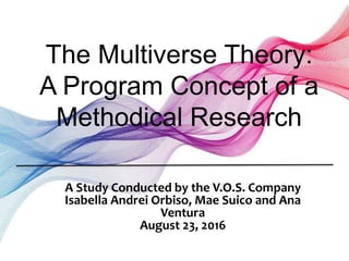 The Multiverse Theory:
A Program Concept of a
Methodical Research
A Study Conducted by the V.O.S. Company
Isabella Andrei Orbiso, Mae Suico and Ana
Ventura
August 23, 2016
 