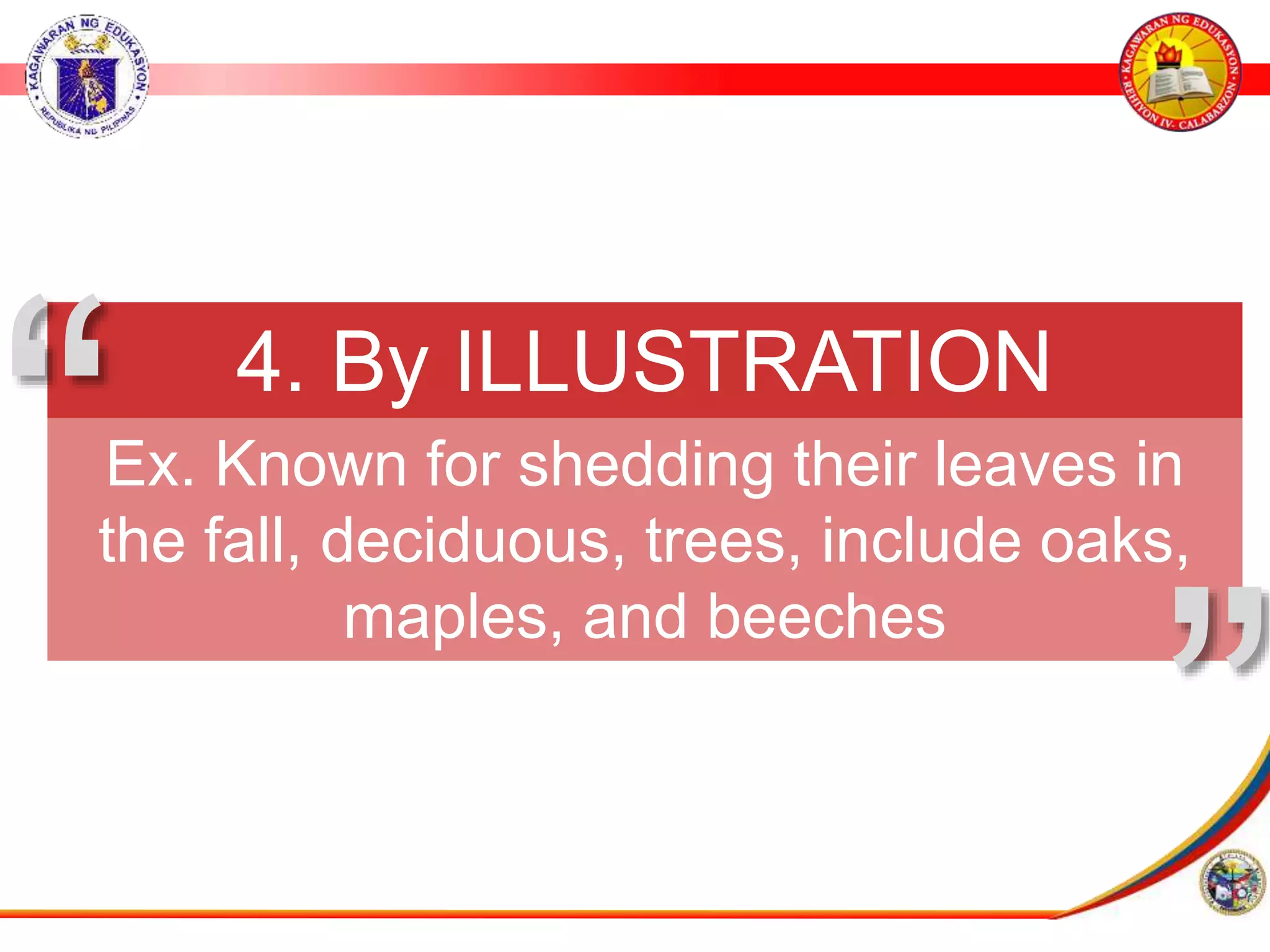 4. By ILLUSTRATION
Ex. Known for shedding their leaves in
the fall, deciduous, trees, include oaks,
maples, and beeches
&rdquo;
&ldquo;
 