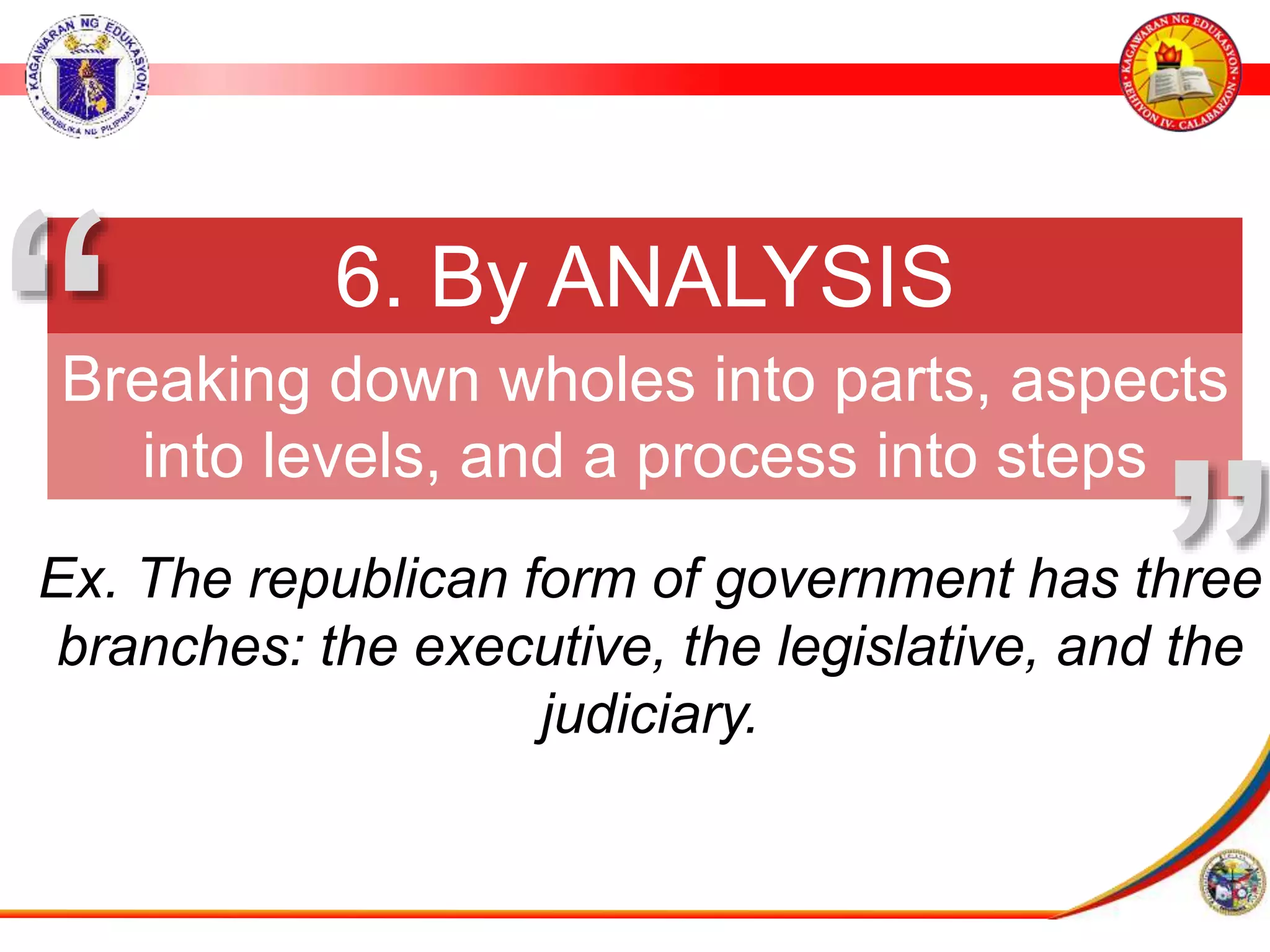 6. By ANALYSIS
Breaking down wholes into parts, aspects
into levels, and a process into steps
&rdquo;
&ldquo;
Ex. The republican form of government has three
branches: the executive, the legislative, and the
judiciary.
 