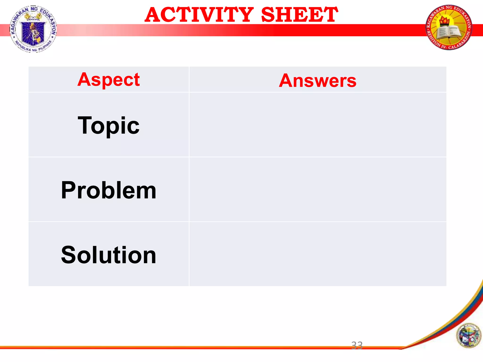 33
Aspect Answers
Topic
Problem
Solution
ACTIVITY SHEET
 