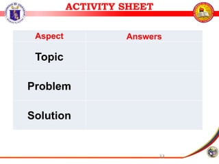 33
Aspect Answers
Topic
Problem
Solution
ACTIVITY SHEET
 
