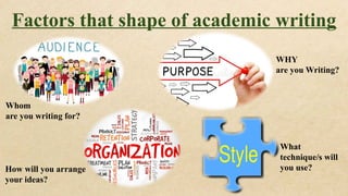 Factors that shape of academic writing
Whom
are you writing for?
WHY
are you Writing?
How will you arrange
your ideas?
What
technique/s will
you use?
 