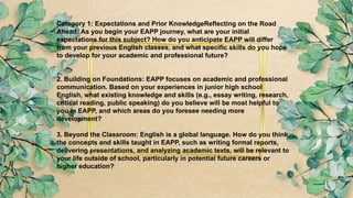 Category 1: Expectations and Prior KnowledgeReflecting on the Road
Ahead: As you begin your EAPP journey, what are your initial
expectations for this subject? How do you anticipate EAPP will differ
from your previous English classes, and what specific skills do you hope
to develop for your academic and professional future?
2. Building on Foundations: EAPP focuses on academic and professional
communication. Based on your experiences in junior high school
English, what existing knowledge and skills (e.g., essay writing, research,
critical reading, public speaking) do you believe will be most helpful to
you in EAPP, and which areas do you foresee needing more
development?
3. Beyond the Classroom: English is a global language. How do you think
the concepts and skills taught in EAPP, such as writing formal reports,
delivering presentations, and analyzing academic texts, will be relevant to
your life outside of school, particularly in potential future careers or
higher education?
 