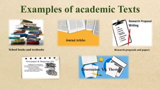 Examples of academic Texts
School books and textbooks Research proposals and papers
 