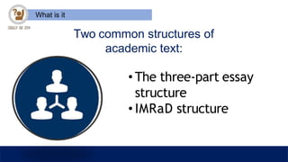 What is it
Two common structures of
academic text:
• The three-part essay
structure
• IMRaD structure
 