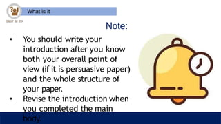 What is it
Note:
• You should write your
introduction after you know
both your overall point of
view (if it is persuasive paper)
and the whole structure of
your paper.
• Revise the introduction when
you completed the main
body.
 