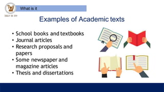 What is it
Examples of Academic texts
• School books and textbooks
• Journal articles
• Research proposals and
papers
• Some newspaper and
magazine articles
• Thesis and dissertations
 
