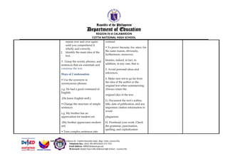 Republic of the Philippines
Department of Education
REGION IV-A CALABARZON
COTTA NATIONAL HIGH SCHOOL
repeat over and over again
until you comprehend it
wholly and correctly.
2. Identify the main idea of the
text.
3. Grasp the words, phrases, and
sentences that are essentials and
condense the text.
Ways of Condensation
• Use the synonym or
synonymous phrases
e.g. He had a good command of
English.
(He knew English well.)
• Change the structure of simple
sentences
e.g. My brother has an
appreciation for modern art.
(My brother appreciates modern
art)
• Turn complex sentences into
contrast
• To prove: because, for, since, for
the same reason, obviously,
furthermore, moreover,
besides, indeed, in fact, in
addition, in any case, that is
5. Avoid personal ideas and
inferences.
6. Make sure not to go far from
the idea of the author or the
original text when summarizing.
Always retain the
original idea of the text.
G. Document the text’s author,
title, date of publication, and any
important citation information to
avoid
plagiarism.
H. Proofread your work. Check
the grammar, punctuation,
spelling, and capitalization
Address: 3819 Nicodemus St., Capitol Homesite Subd., Brgy. Cotta, Lucena City
Telephone Nos.: (042) 785-0876/(042) 373 7291
Email Address: 308502@deped.gov.ph
FB Account: DepEd Tayo Cotta National High School – Lucena City
 