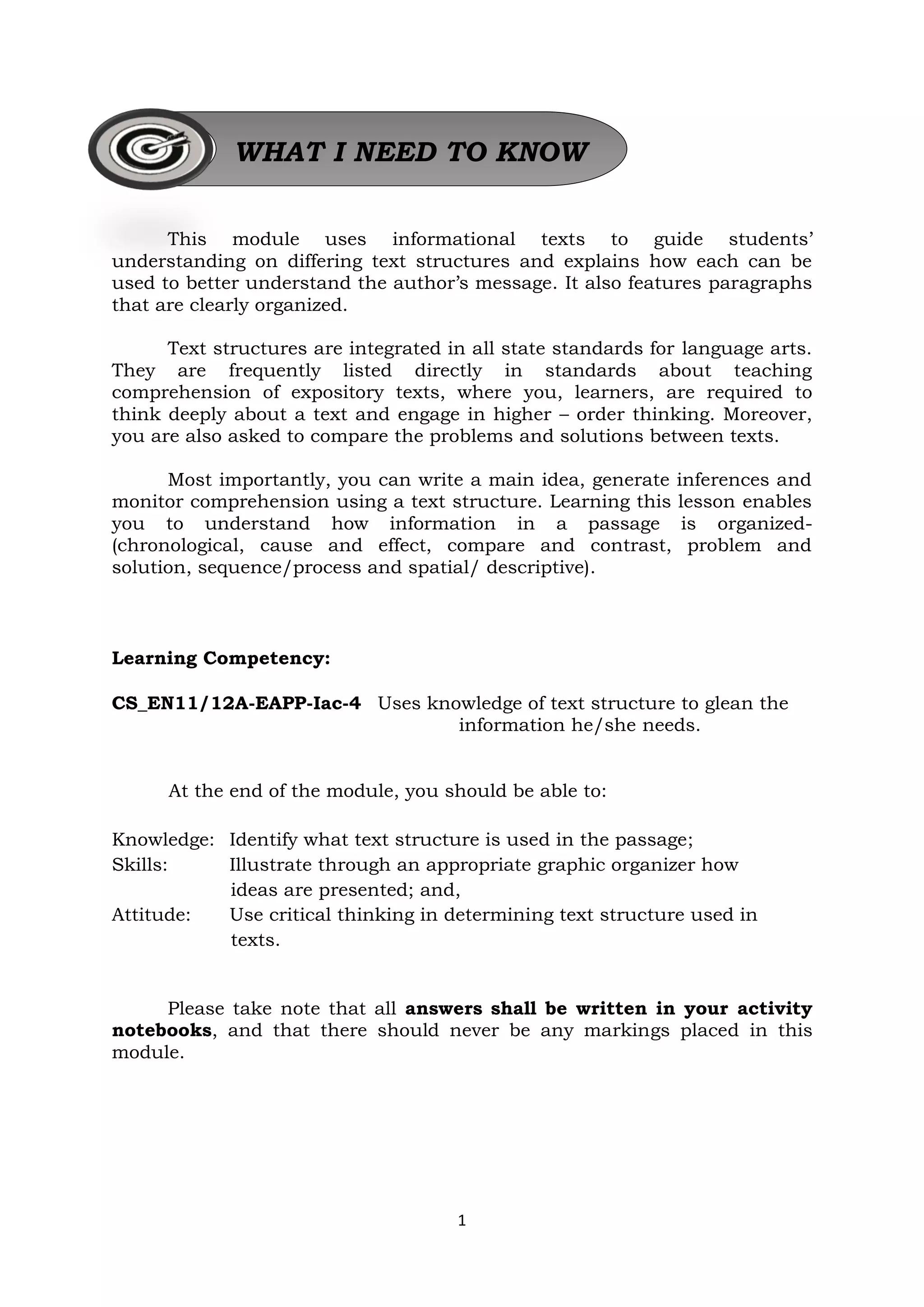 1
This module uses informational texts to guide students’
understanding on differing text structures and explains how each can be
used to better understand the author’s message. It also features paragraphs
that are clearly organized.
Text structures are integrated in all state standards for language arts.
They are frequently listed directly in standards about teaching
comprehension of expository texts, where you, learners, are required to
think deeply about a text and engage in higher – order thinking. Moreover,
you are also asked to compare the problems and solutions between texts.
Most importantly, you can write a main idea, generate inferences and
monitor comprehension using a text structure. Learning this lesson enables
you to understand how information in a passage is organized-
(chronological, cause and effect, compare and contrast, problem and
solution, sequence/process and spatial/ descriptive).
Learning Competency:
CS_EN11/12A-EAPP-Iac-4 Uses knowledge of text structure to glean the
information he/she needs.
At the end of the module, you should be able to:
Knowledge: Identify what text structure is used in the passage;
Skills: Illustrate through an appropriate graphic organizer how
ideas are presented; and,
Attitude: Use critical thinking in determining text structure used in
texts.
Please take note that all answers shall be written in your activity
notebooks, and that there should never be any markings placed in this
module.
WHAT I NEED TO KNOW
 