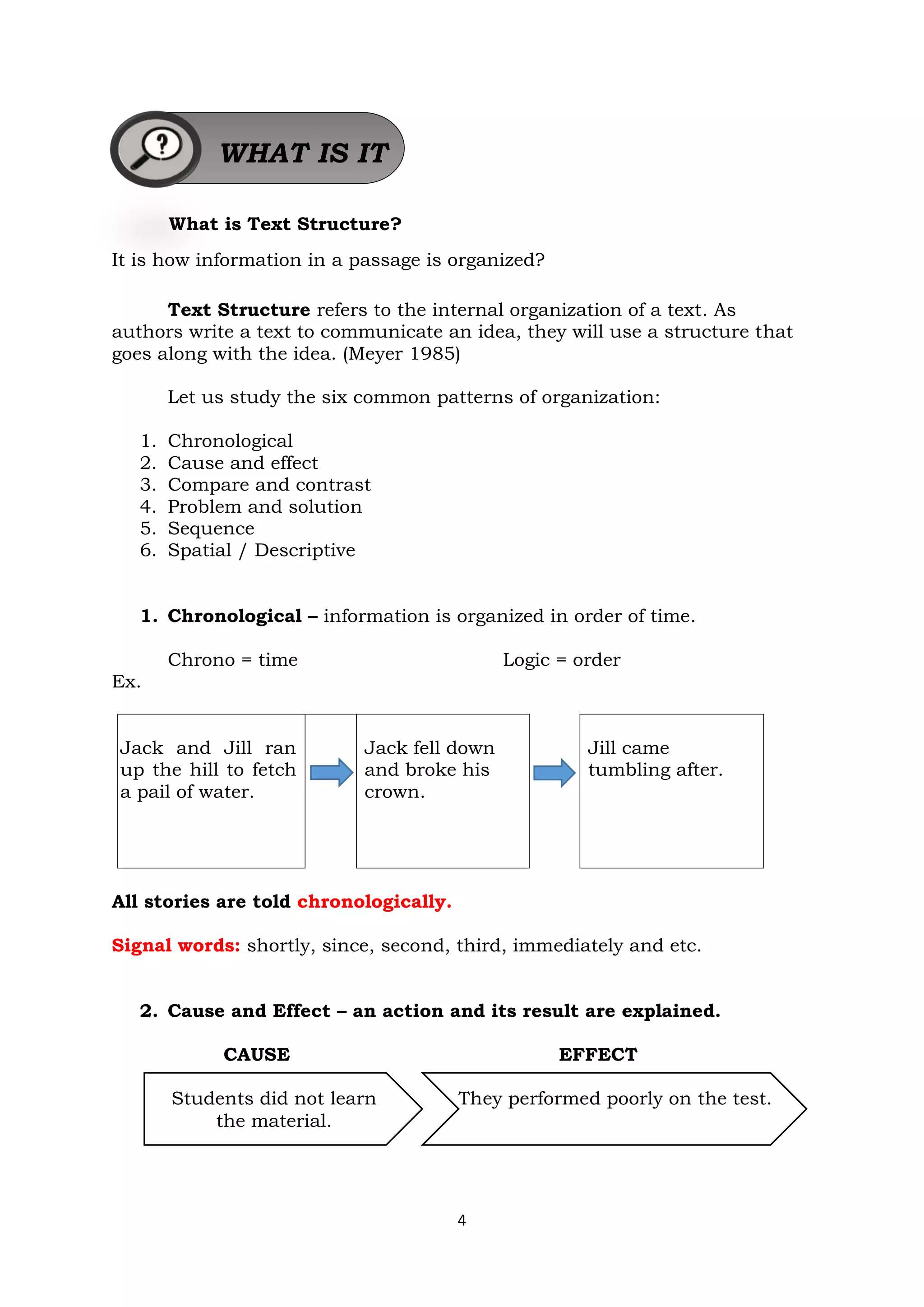 4
What is Text Structure?
It is how information in a passage is organized?
Text Structure refers to the internal organization of a text. As
authors write a text to communicate an idea, they will use a structure that
goes along with the idea. (Meyer 1985)
Let us study the six common patterns of organization:
1. Chronological
2. Cause and effect
3. Compare and contrast
4. Problem and solution
5. Sequence
6. Spatial / Descriptive
1. Chronological – information is organized in order of time.
Chrono = time Logic = order
Ex.
Jack and Jill ran
up the hill to fetch
a pail of water.
Jack fell down
and broke his
crown.
Jill came
tumbling after.
All stories are told chronologically.
Signal words: shortly, since, second, third, immediately and etc.
2. Cause and Effect – an action and its result are explained.
CAUSE EFFECT
They performed They performed poorly on the test.
WHAT IS IT
Students did not learn
the material.
 