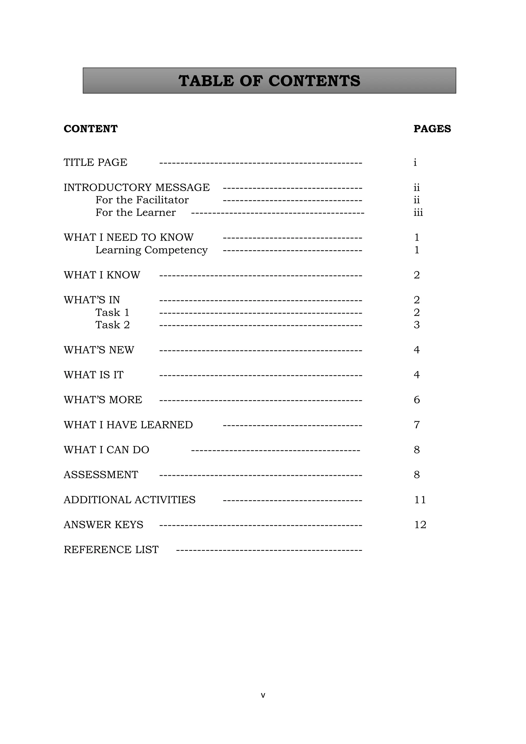 v
CONTENT PAGES
TITLE PAGE ------------------------------------------------ i
INTRODUCTORY MESSAGE --------------------------------- ii
For the Facilitator --------------------------------- ii
For the Learner ----------------------------------------- iii
WHAT I NEED TO KNOW --------------------------------- 1
Learning Competency --------------------------------- 1
WHAT I KNOW ------------------------------------------------ 2
WHAT’S IN ------------------------------------------------ 2
Task 1 ------------------------------------------------ 2
Task 2 ------------------------------------------------ 3
WHAT’S NEW ------------------------------------------------ 4
WHAT IS IT ------------------------------------------------ 4
WHAT’S MORE ------------------------------------------------ 6
WHAT I HAVE LEARNED --------------------------------- 7
WHAT I CAN DO ---------------------------------------- 8
ASSESSMENT ------------------------------------------------ 8
ADDITIONAL ACTIVITIES --------------------------------- 11
ANSWER KEYS ------------------------------------------------ 12
REFERENCE LIST --------------------------------------------
TABLE OF CONTENTS
 