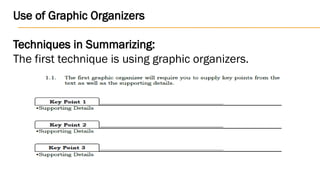 Use of Graphic Organizers
Techniques in Summarizing:
The first technique is using graphic organizers.