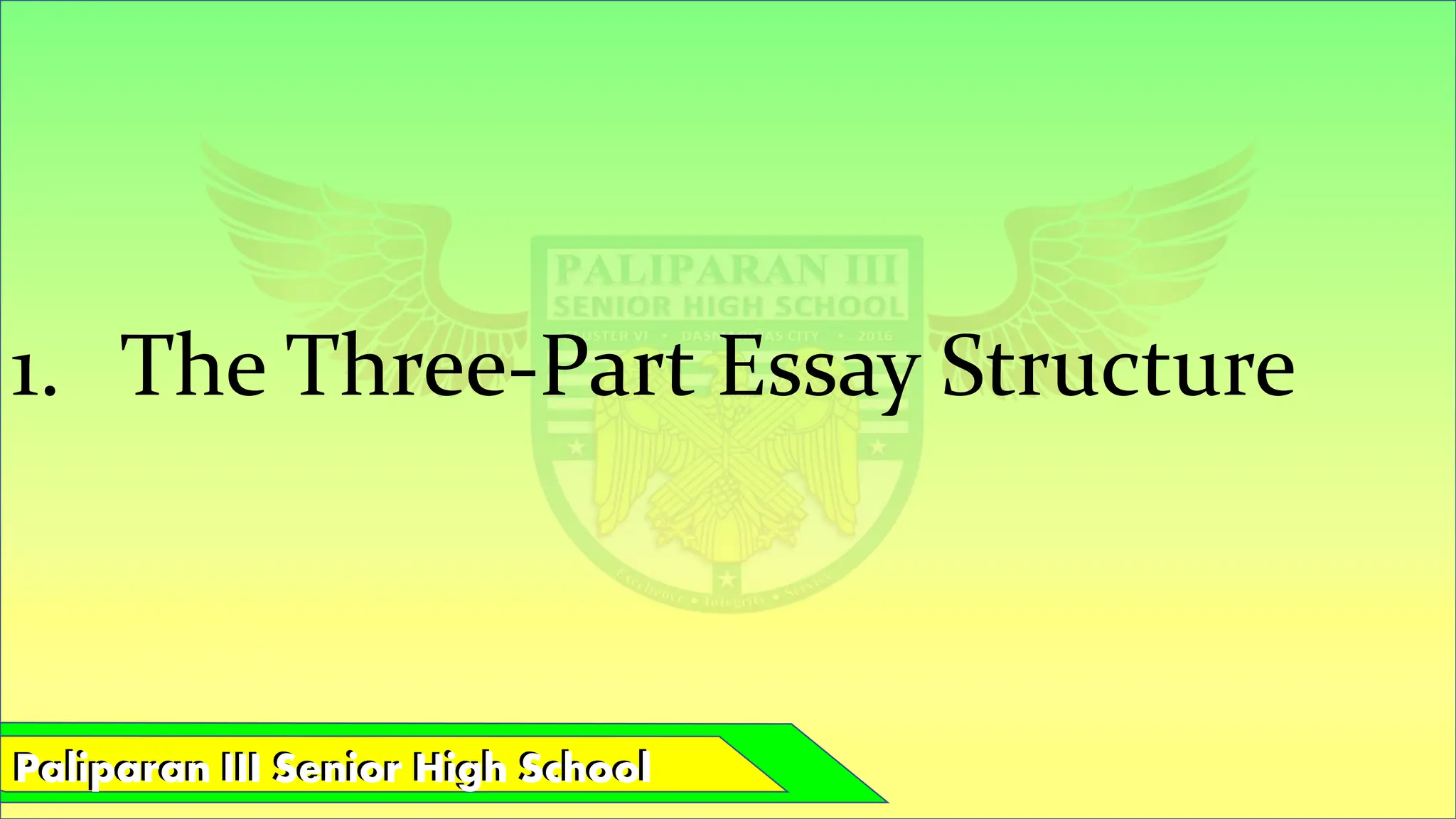 Paliparan III Senior High School
Paliparan III Senior High School
1. The Three-Part Essay Structure
 