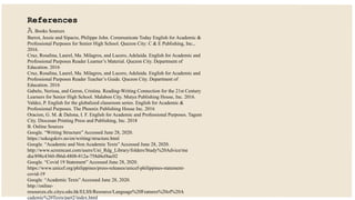 References
A. Books Sources
Barrot, Jessie and Sipacio, Philippe John. Communicate Today English for Academic &
Professional Purposes for Senior High School. Quezon City: C & E Publishing, Inc.,
2016.
Cruz, Rosalina, Laurel, Ma. Milagros, and Lucero, Adelaida. English for Academic and
Professional Purposes Reader Learner’s Material. Quezon City. Department of
Education. 2016
Cruz, Rosalina, Laurel, Ma. Milagros, and Lucero, Adelaida. English for Academic and
Professional Purposes Reader Teacher’s Guide. Quezon City. Department of
Education. 2016
Gabelo, Nerissa, and Geron, Cristina. Reading-Writing Connection for the 21st Century
Learners for Senior High School. Malabon City. Mutya Publishing House, Inc. 2016.
Valdez, P. English for the globalized classroom series. English for Academic &
Professional Purposes. The Phoenix Publishing House Inc. 2016
Oracion, G. M. & Dalona, I. F. English for Academic and Professional Purposes. Tagum
City. Diocesan Printing Press and Publishing, Inc. 2018
B. Online Sources
Google. “Writing Structure” Accessed June 28, 2020.
https://sokogskriv.no/en/writing/structure.html
Google. “Academic and Non Academic Texts” Accessed June 28, 2020.
http://www.screencast.com/users/Uni_Rdg_Library/folders/Study%20Advice/me
dia/898c4360-f86d-4808-812a-758d4ef4ac02
Google. “Covid 19 Statement” Accessed June 28, 2020.
https://www.unicef.org/philippines/press-releases/unicef-philippines-statement-
covid-19
Google. “Academic Texts” Accessed June 28, 2020.
http://online-
resources.elc.cityu.edu.hk/ELSS/Resource/Language%20Features%20of%20A
cademic%20Texts/part2/index.html
 