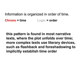 this pattern is found in most narrative
texts, where the plot unfolds over time;
more complex texts use literary devices,
such as flashback and foreshadowing to
implicitly establish time order
Information is organized in order of time.
Chrono = time Logic = order
 