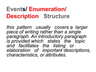 Events/ Enumeration/
Description Structure
this pattern usually covers a larger
piece of writing rather than a single
paragraph. An introductory paragraph
is provided which states the topic
and facilitates the listing or
elaboration of important descriptions,
characteristics, or attributes.
 