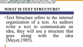 WHAT IS TEXT STRUCTURE?
•Text Structure refers to the internal
organization of a text. As authors
write a text to communicate an
idea, they will use a structure that
goes along with the idea
(Meyer,1985).
12
 