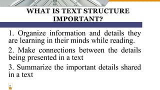 WHAT IS TEXT STRUCTURE
IMPORTANT?
1. Organize information and details they
are learning in their minds while reading.
2. Make connections between the details
being presented in a text
3. Summarize the important details shared
in a text
22
 