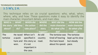 TECHNIQUES IN SUMMARIZING
3. 5 W’s, 1 H.
This technique relies on six crucial questions: who, what, when,
where, why, and how. These questions make it easy to identify the
main character, important details, and main idea.
Date Your Footer Here 10
WHO is
the story
about?
WHAT
did they
do?
WHEN did
the action
take place?
WHERE
did the
story
happen?
WHY did the
main character
do what s/he
did?
HOW did the
main character
do what s/he
did?
The
tortoise
He raced
a quick
hare and
won.
When isn’t
specified in
this story so
it’s not
important in
the case.
An old
country
road.
The tortoise was
tired of hearing
the hare boast
about his speed.
The tortoise
kept up his slow
but steady
pace.
 