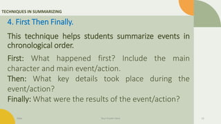 TECHNIQUES IN SUMMARIZING
4. First Then Finally.
This technique helps students summarize events in
chronological order.
First: What happened first? Include the main
character and main event/action.
Then: What key details took place during the
event/action?
Finally: What were the results of the event/action?
Date Your Footer Here 11
 