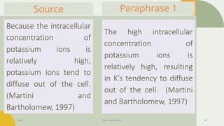 Date Your Footer Here 46
Paraphrase 1
Because the intracellular
concentration of
potassium ions is
relatively high,
potassium ions tend to
diffuse out of the cell.
(Martini and
Bartholomew, 1997)
Source
The high intracellular
concentration of
potassium ions is
relatively high, resulting
in K’s tendency to diffuse
out of the cell. (Martini
and Bartholomew, 1997)
 